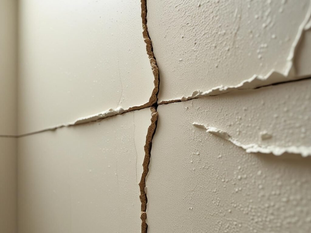 Close-up of intersecting cracks in drywall with chipped edges