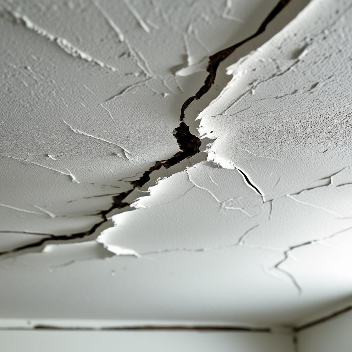 Deep crack splitting a textured ceiling with peeling edges