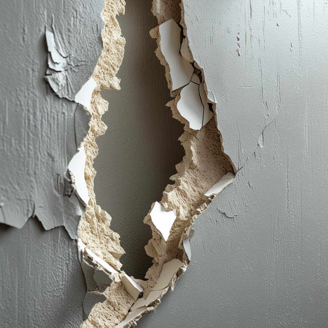 Close-up of a torn interior wall showing broken plasterboard layers