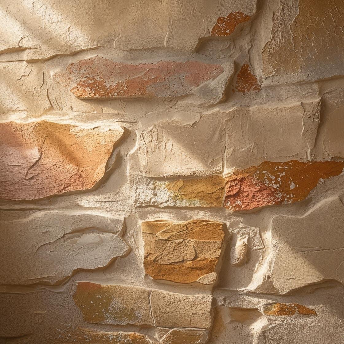 Detail of rustic stone veneer with rough plaster and natural light