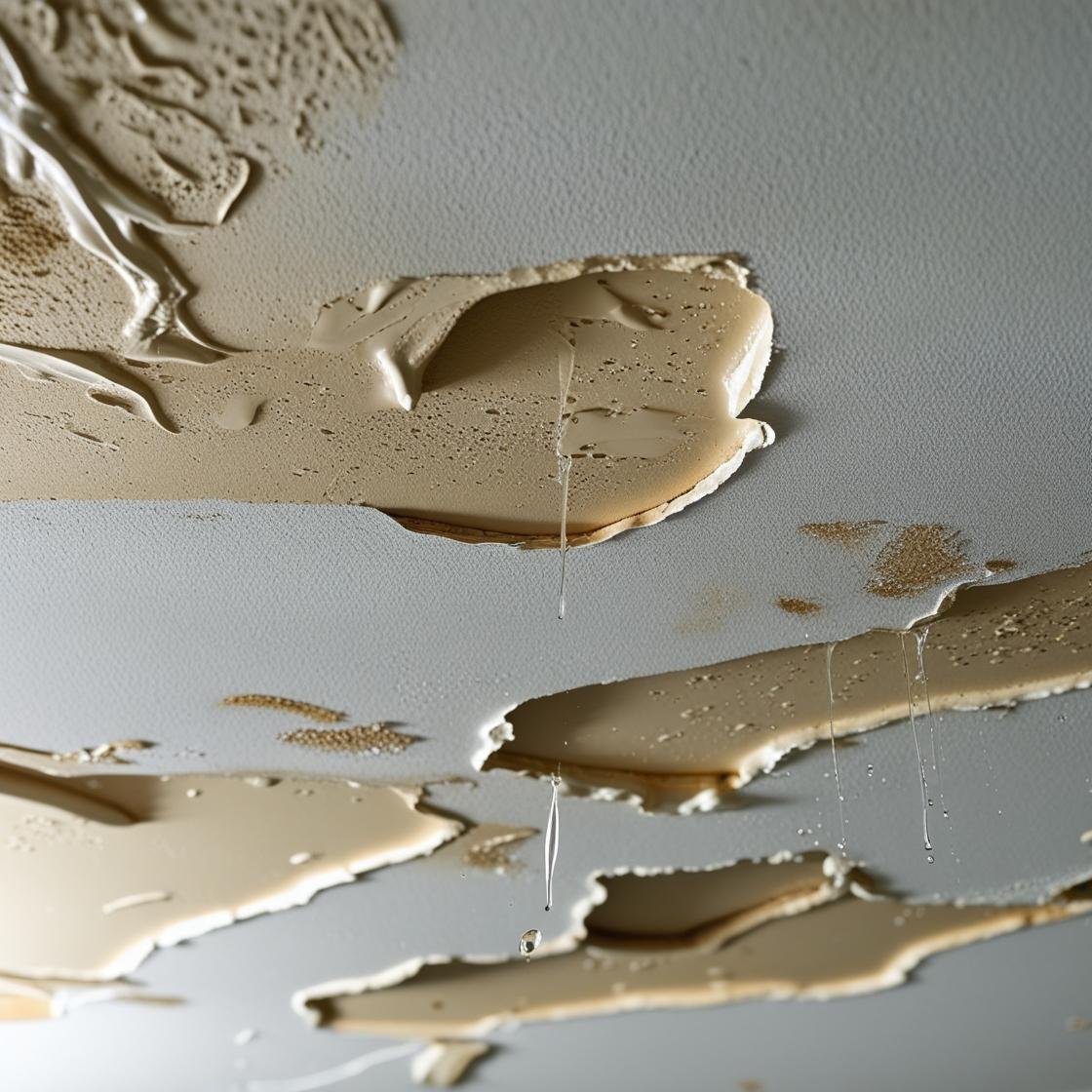Water-damaged ceiling with peeling paint and dripping water