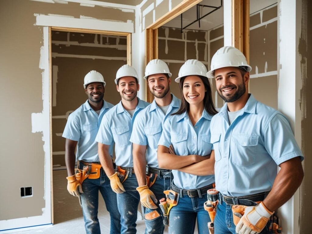 Five contractors in blue shirts and hard hats standing in a room under renovation