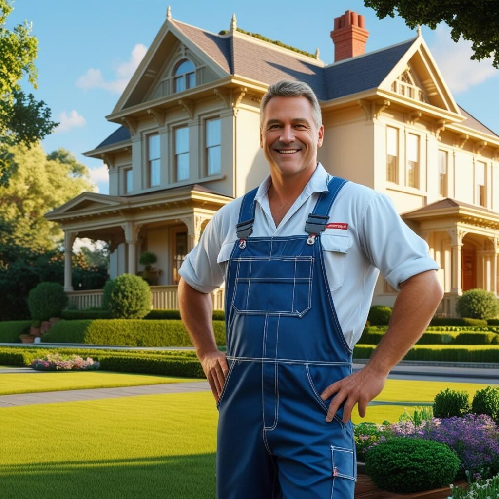 Professional home-repair technician posing in front of an house