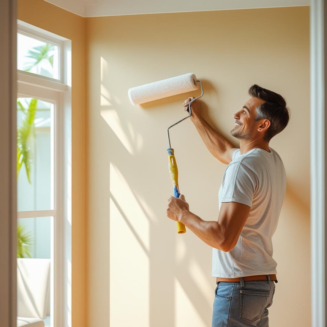 Smiling painter rolling fresh paint near a window
