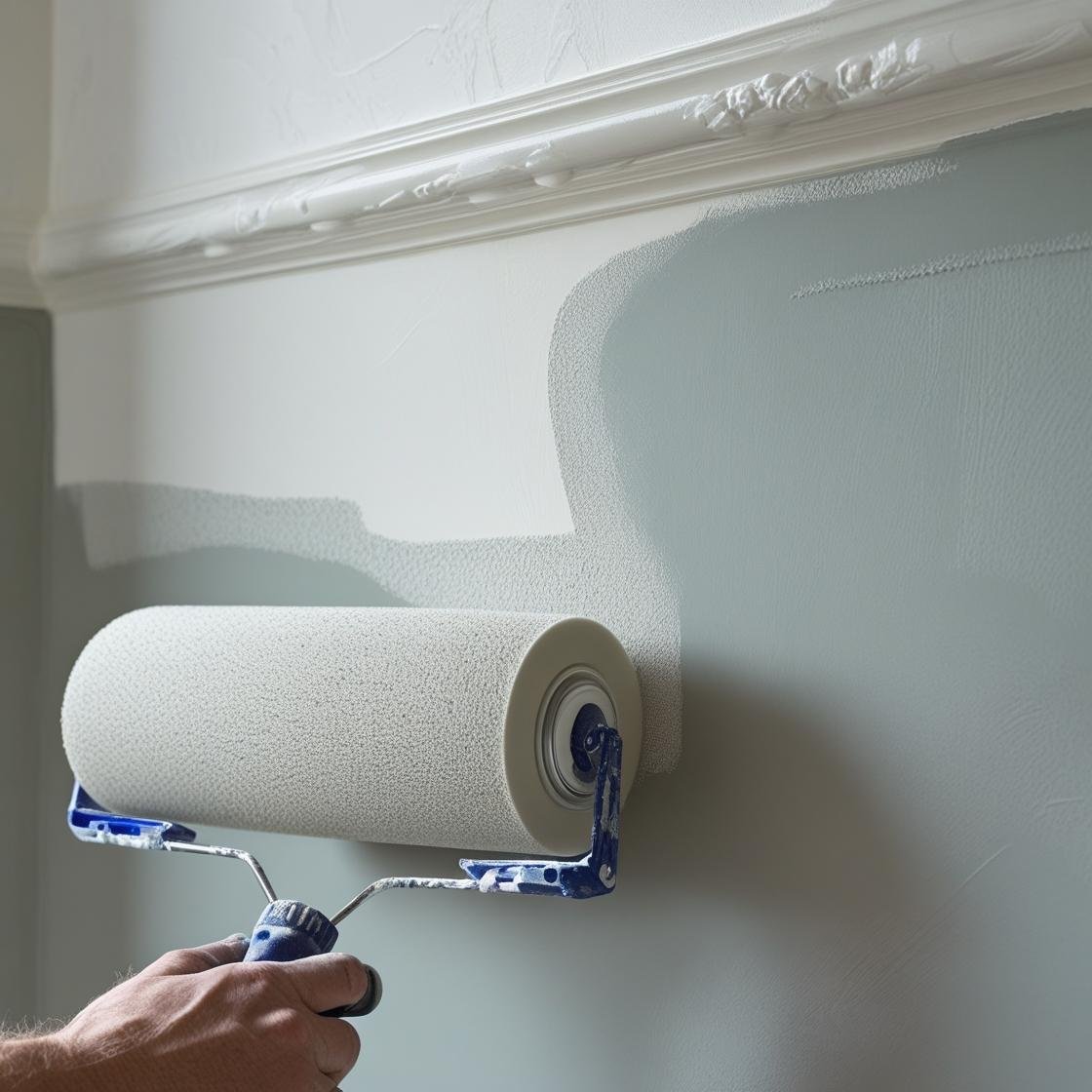 Close-up of a roller painting a wall white under detailed trim