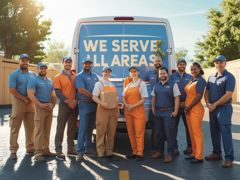 Smiling service team in uniforms standing in front of a van that reads ‘WE SERVE ALL AREAS'