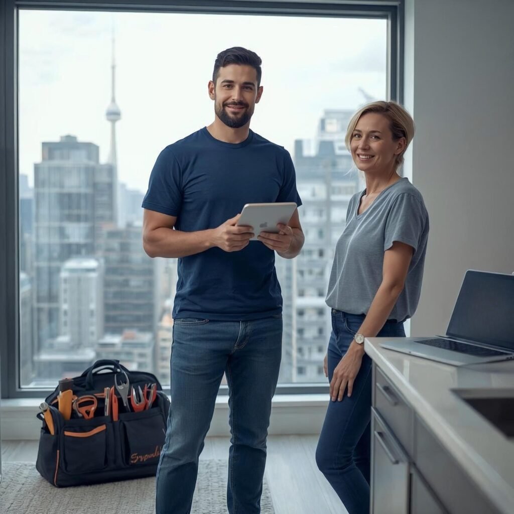 FixRight handyman in Toronto helping a condo homeowner with same-day home repair, tools and clean modern GTA apartment interior in view