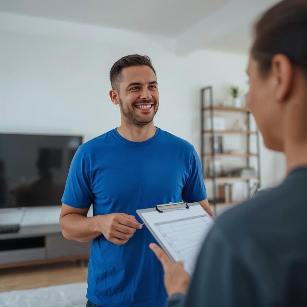 FixRight handyman Toronto reviewing a home repair to-do list with a homeowner in a modern condo living room