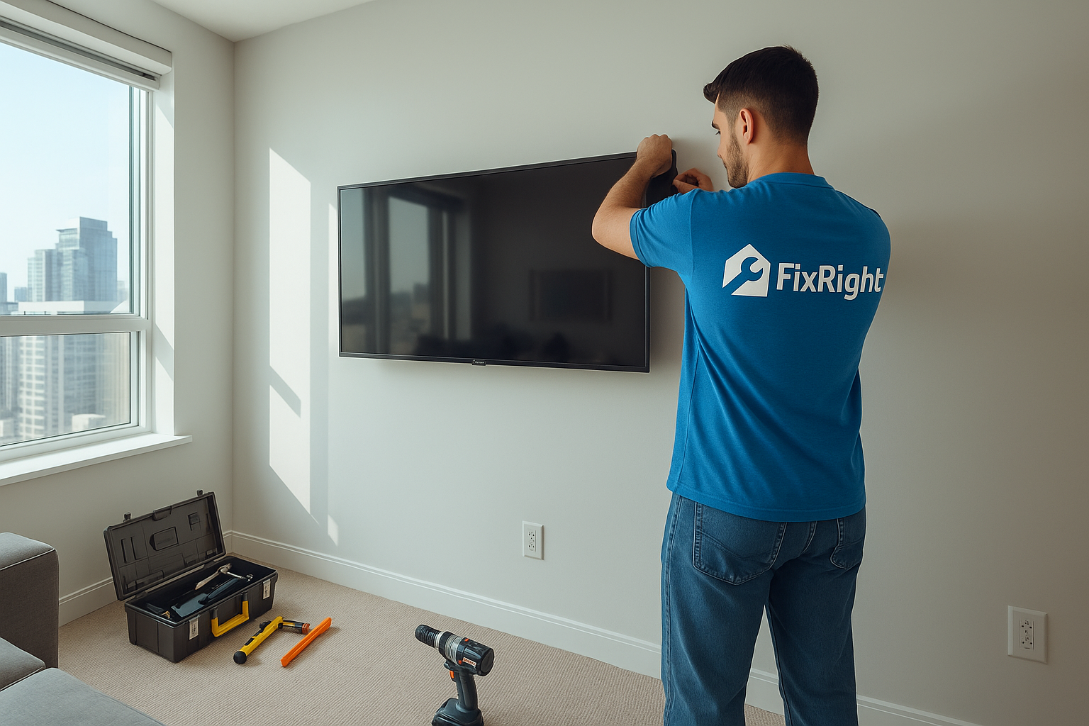 Handyman in Toronto installing TV wall mount in modern condo living room
