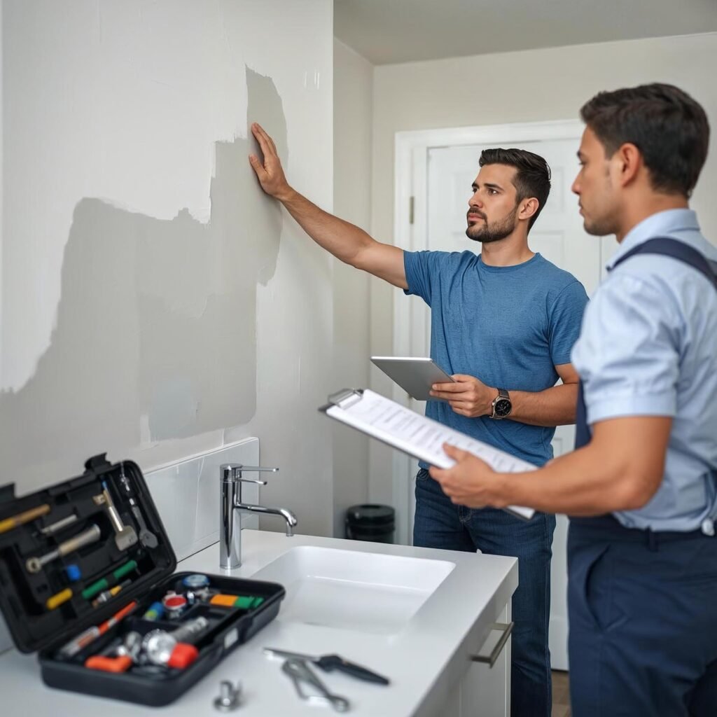 Handyman in Toronto completing pre-listing home repairs with real estate agent reviewing punch list