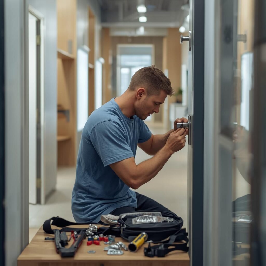 Handyman in Toronto doing commercial drywall and paint touch ups and maintenance in a modern business hallway